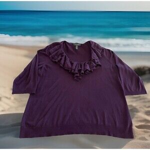 Vtg Lauren Ralph Lauren Ruffled V Neck Sweater Rich Plum Silk Blend Ladies 2X